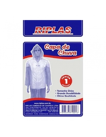 CAPA DE CHUVA RIPLAS DESCARTAVEL TRANSP TAM UNICO (N)